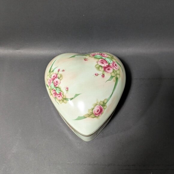 Burton Burton Heart Shaped Ceramic Jewelry Box Pink Rose Design Gold Accents - Picture 1 of 14